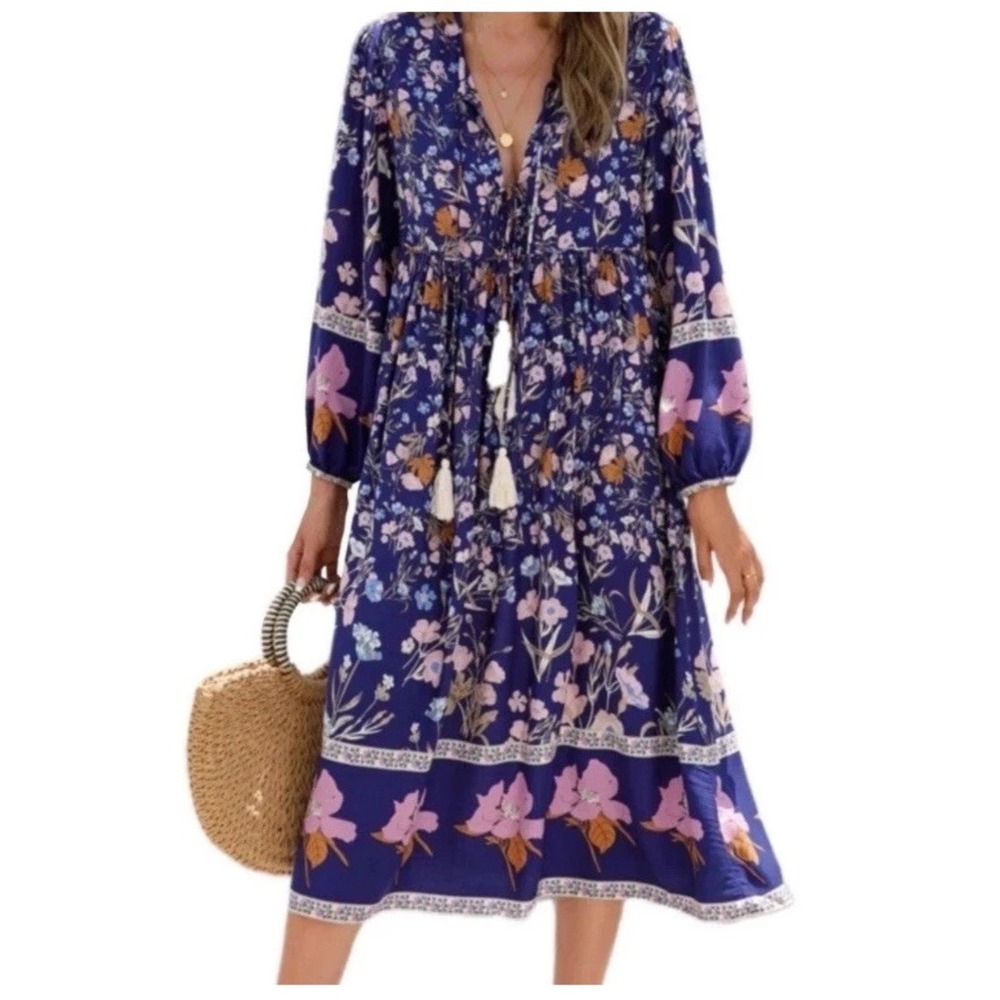 R.Vivimos Blue Floral Boho Midi Dress Tassel Tie V-Neck Balloon Sleeve Women S